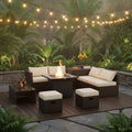 9 Pieces Patio PE Wicker Sectional Set with 50000 BTU Fire Pit Table-Off White