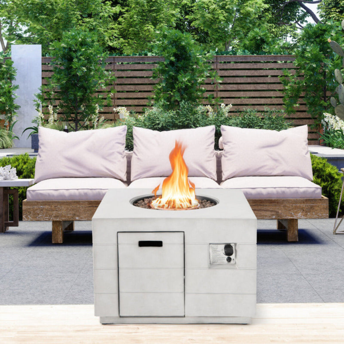 34 Inch Square Concrete Propane Fire Pit Table with Lava Rocks and Cover 50,000 BTU