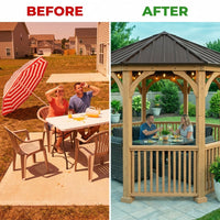 DIY Meridian 12 Ft. Octagon Enclosed Wood Outdoor Patio Gazebo with Brown Hardtop Metal Roof and 36 In. Guard Rail — Before & After
