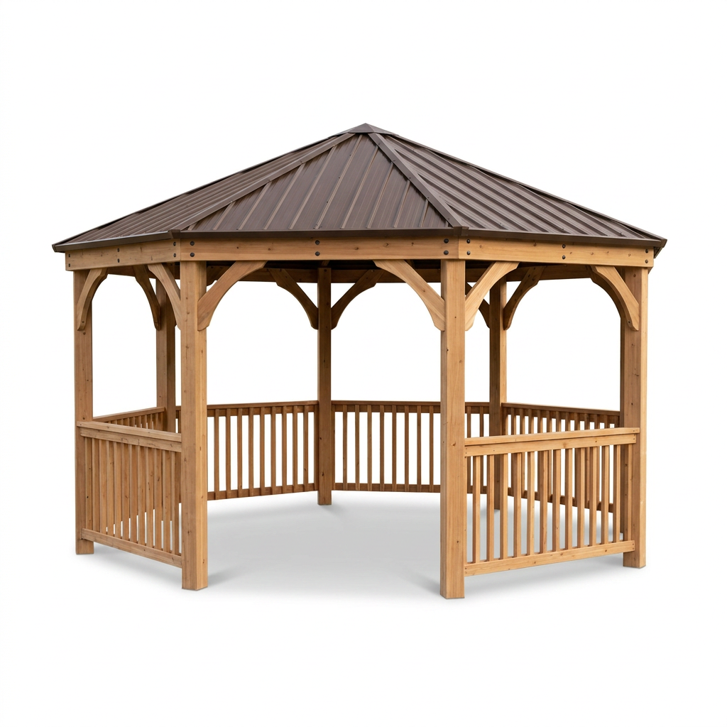 DIY Meridian 12 Ft. Octagon Enclosed Wood Outdoor Patio Gazebo with Brown Hardtop Metal Roof and 36 In. Guard Rail — Studio Shot