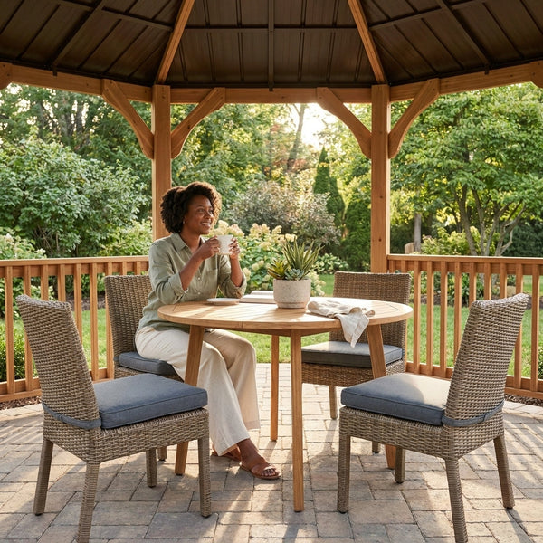Outdoor Gazebo Built for Year-Round Use, 12 Ft Cedar Frame, Metal Hardtop Roof, Enclosed Design